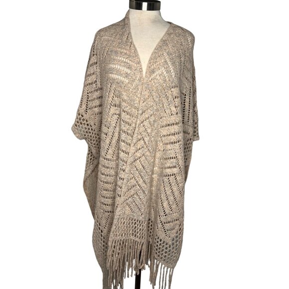 Anthropologie Akemi & Kin pink rose Ruana poncho All size fringe herringbone ope - Picture 1 of 11